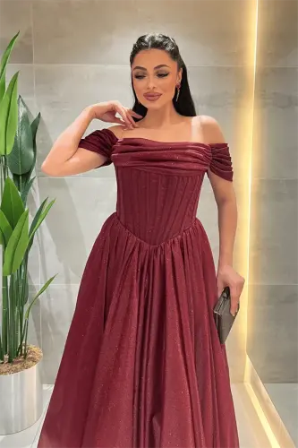 Simli Tül Kumaş Balen Detaylı Prenses Elbise - BORDO - 3