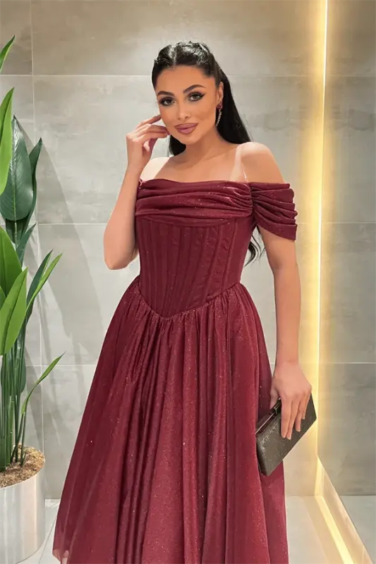 Simli Tül Kumaş Balen Detaylı Prenses Elbise - BORDO - 4