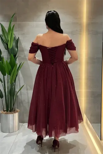 Simli Tül Kumaş Balen Detaylı Prenses Elbise - BORDO - 5