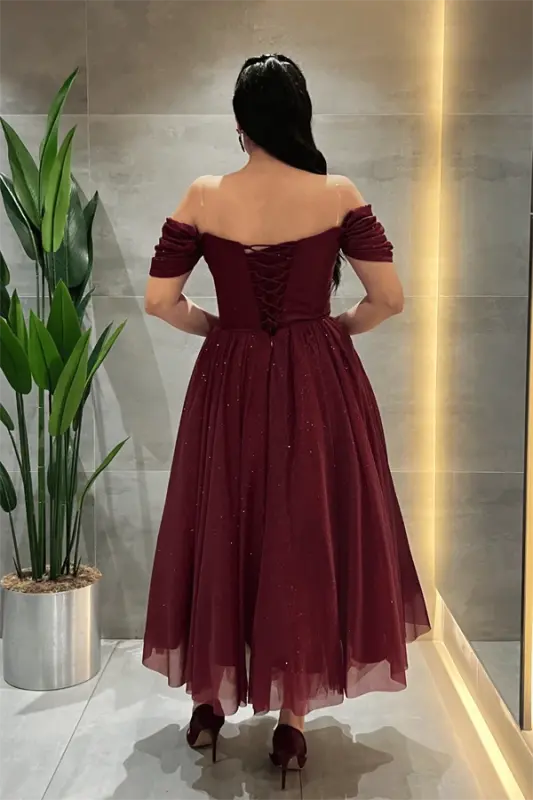Simli Tül Kumaş Balen Detaylı Prenses Elbise - BORDO - 5