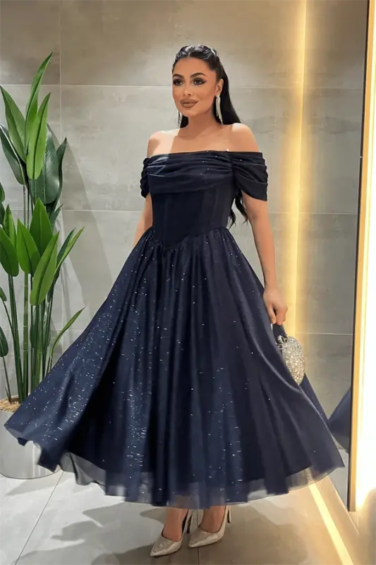 Simli Tül Kumaş Balen Detaylı Prenses Elbise - LACİVERT - 2