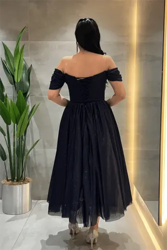 Simli Tül Kumaş Balen Detaylı Prenses Elbise - LACİVERT - 5