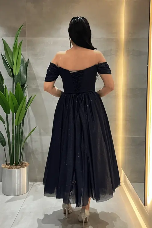 Simli Tül Kumaş Balen Detaylı Prenses Elbise - LACİVERT - 5