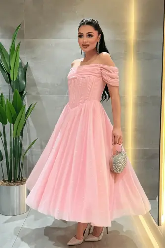 Simli Tül Kumaş Balen Detaylı Prenses Elbise - PEMBE - BÜYÜKBEDENIZ (1)