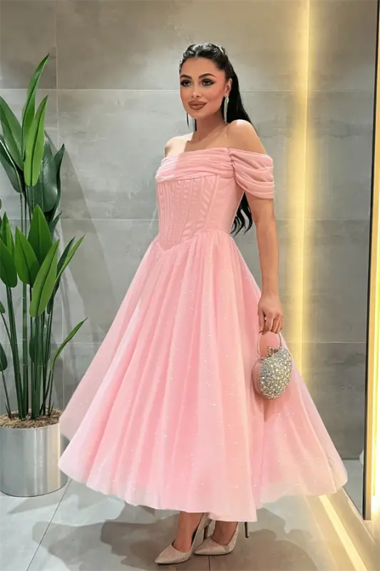 Simli Tül Kumaş Balen Detaylı Prenses Elbise - PEMBE - 2