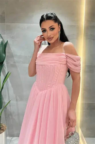 Simli Tül Kumaş Balen Detaylı Prenses Elbise - PEMBE - 3