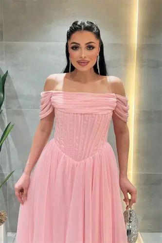 Simli Tül Kumaş Balen Detaylı Prenses Elbise - PEMBE - 4