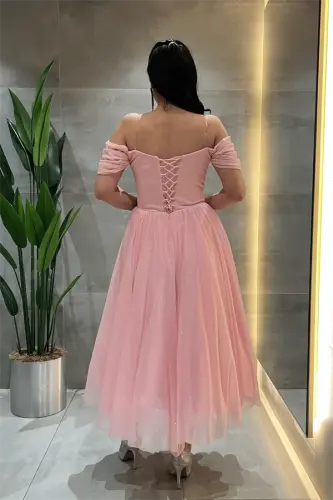 Simli Tül Kumaş Balen Detaylı Prenses Elbise - PEMBE - 5