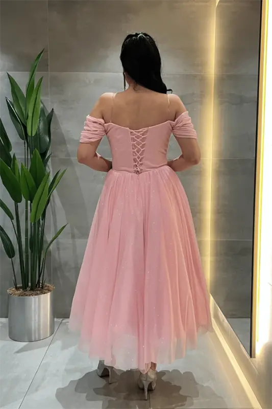 Simli Tül Kumaş Balen Detaylı Prenses Elbise - PEMBE - 5