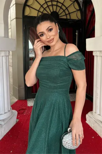 Simli Tül Kumaş Midi Boy Büyük Beden Elbise - ZÜMRÜT YEŞİL - 3