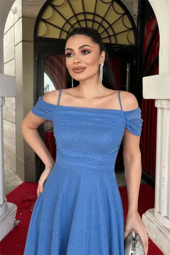 Simli Tül Kumaş Midi Boy Elbise - İNDİGO MAVİ - 3