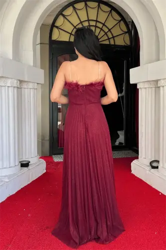 Simli Tül Kumaş Yaka Otriş Plise Detaylı Abiye Elbise - BORDO - 5