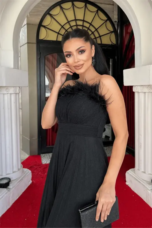 Simli Tul Mato Yaka Otriş Plise Detalli Abiye Ko'ylak - QORA - 4