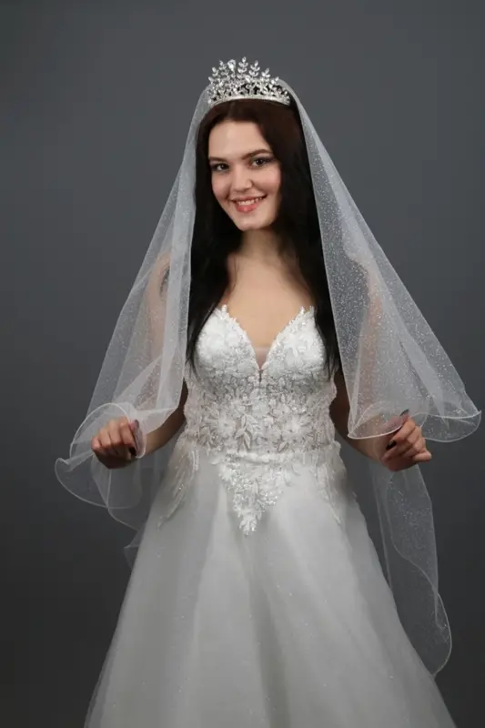 Simli Uzun Iki Katlı Gelinlik Duvağı Nikah Duvağı Uzunlık 170 Cm Kırıkbeyaz Renk Taraklı - 2