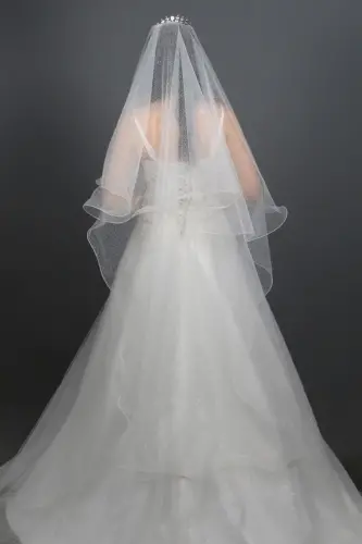 Simli Uzun Iki Katlı Gelinlik Duvağı Nikah Duvağı Uzunlık 170 Cm Kırıkbeyaz Renk Taraklı - 3