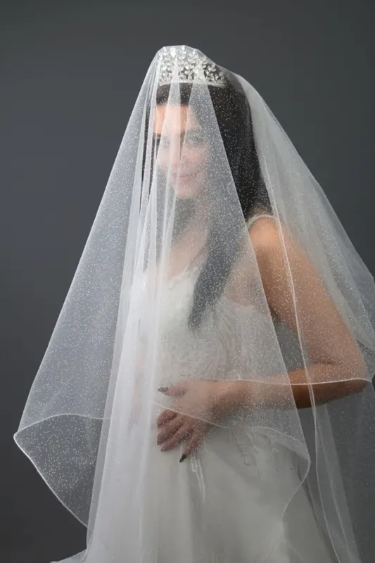 Simli Uzun Iki Katlı Gelinlik Duvağı Nikah Duvağı Uzunlık 170 Cm Kırıkbeyaz Renk Taraklı - 4