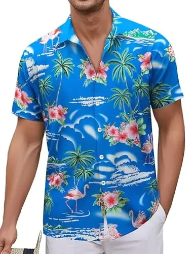 Simmashah Mens Hawaiian Shirt, Short Sleeves Button Down Beach Clothing, Unisex Summer Flamingos Casual Aloha Floral Shirts - SIMMASHAH