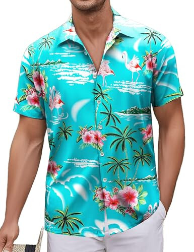 Simmashah Erkek Hawaii Gömleği, Kısa Kollu Düğmeli Plaj Giysisi, Unisex Yaz Flamingoları Günlük Aloha Çiçekli Gömlekler - 6