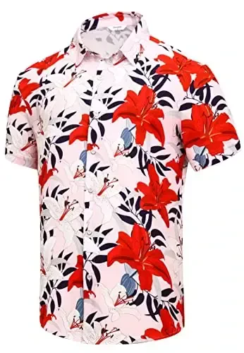 Simmashah Mens Gavayi ko'ylagi, qisqa yengli tugmachali plyaj kiyimi, Unisex yozgi Flamingolar kundalik Aloha gul ko'ylaklari - 1