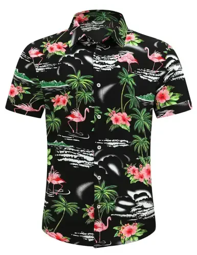 Simmashah Mens Gavayi ko'ylagi, Qisqa yengli tugmali plyaj kiyimlari, Uniseks yozgi Flamingolar Kundalik Aloha Gullu ko'ylaklar - 3