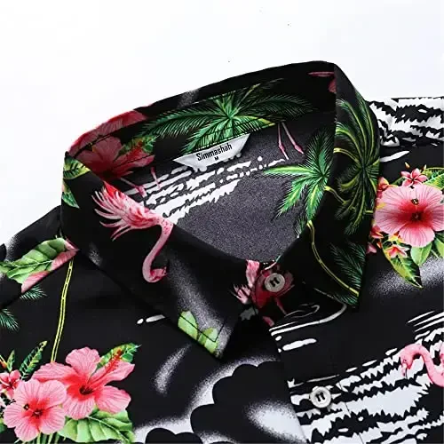 Simmashah Mens Gavayi ko'ylagi, Qisqa yengli tugmali plyaj kiyimlari, Uniseks yozgi Flamingolar Kundalik Aloha Gullu ko'ylaklar - 5