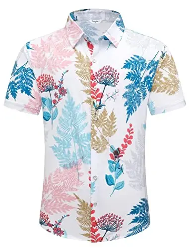 Simmashah Mens Gavayi ko'ylagi, qisqa yengli tugmali plyaj kiyimlari, Unisex yozgi flamingolar tasodifiy Aloha gul ko'ylaklari - 2