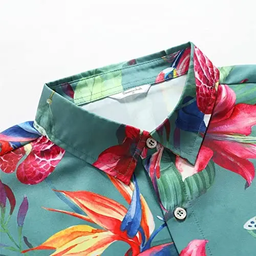 Simmashah Mens Gavayi ko'ylagi, qisqa yengli tugmali plyaj kiyimlari, Unisex yozgi flamingolar tasodifiy Aloha gul ko'ylaklari - 4