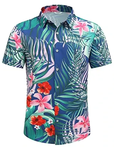 Simmashah Mens Gavayi ko'ylagi, qisqa yengli tugmali plyaj kiyimlari, unisex yozgi flamingolar tasodifiy Aloha gul ko'ylaklari - 2
