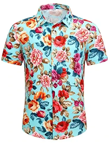 Simmashah Mens Gavayi ko'ylagi, qisqa yengli tugmali plyaj kiyimlari, Unisex yozgi flamingolar tasodifiy Aloha gulli ko'ylaklar - SIMMASHAH (1)