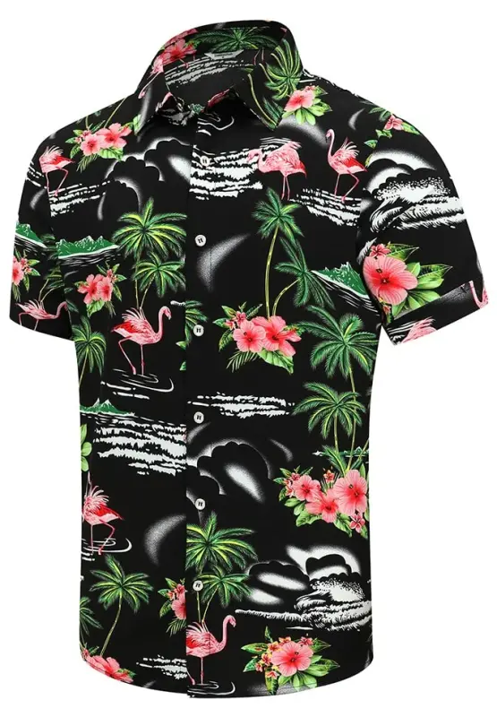 Simmashah Mens Hawaiian Shirt, Short Sleeves Button Down Beach Clothing, Unisex Summer Flamingos Casual Aloha Floral Shirts - 2