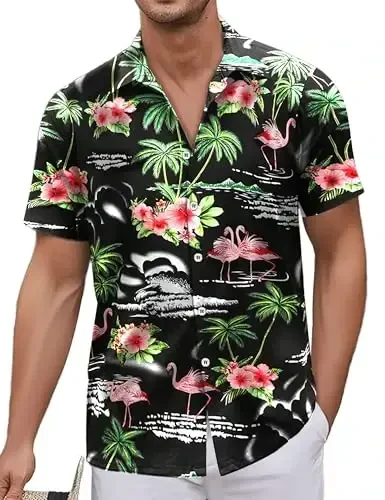 Simmashah Mens Hawaiian Shirt, Short Sleeves Button Down Beach Clothing, Unisex Summer Flamingos Casual Aloha Floral Shirts - 1