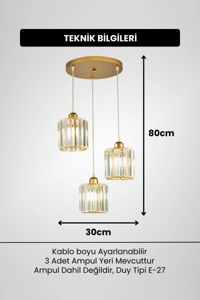 Simora Model Gold Plated Crystal Stone Metal Body Modern Aesthetic Ceiling Three-Arm Chandelier - 2