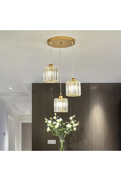 Simora Model Gold Plated Crystal Stone Metal Body Modern Aesthetic Ceiling Three-Arm Chandelier - 6