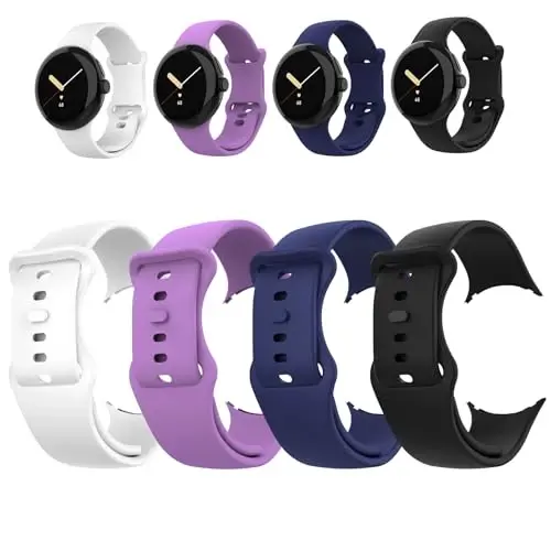 Simpeak 4 dona yumshoq silikon sport tasmasi Google Pixel Watch bilan mos keladi, Ayollar va erkaklar uchun bilaguzuk tasmalarini almashtirish, Katta 6.1