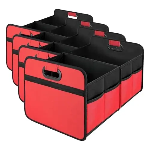 Simple Deluxe Car Trunk Organizer, 2 Compartments Collapsible Trunk Storage, Anti-slip Design, Made of Waterproof 600D Oxford Polyester, Suitable for SUV, Minivan, Truck, Standard Size, Red 