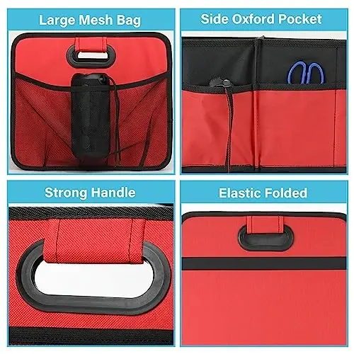 Simple Deluxe Car Trunk Organizer, 2 Compartments Collapsible Trunk Storage, Anti-slip Design, Made of Waterproof 600D Oxford Polyester, Suitable for SUV, Minivan, Truck, Standard Size, Red - 3