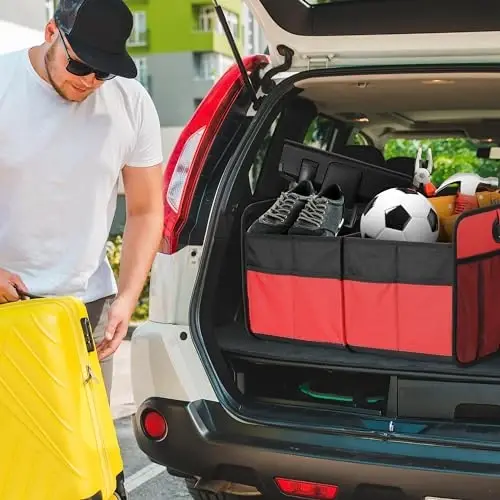Simple Deluxe Car Trunk Organizer, 2 Compartments Collapsible Trunk Storage, Anti-slip Design, Made of Waterproof 600D Oxford Polyester, Suitable for SUV, Minivan, Truck, Standard Size, Red - 5