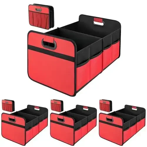 Simple Deluxe Car Trunk Organizer, 2 Compartments Collapsible Trunk Storage, Anti-slip Design, Made of Waterproof 600D Oxford Polyester, Suitable for SUV, Minivan, Truck, Standard Size, Red 