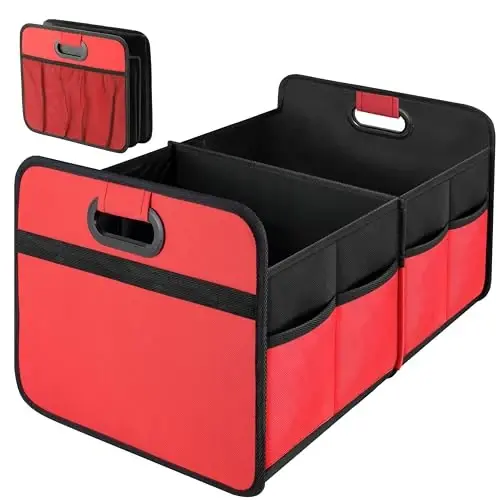 Simple Deluxe Avtomobil yukxona tashkilotchisi, 2 ta bo'linmali buklanadigan yukxona saqlash, sirpanishga qarshi dizayn, suv o'tkazmaydigan 600D Oxford polyesterdan tayyorlangan, SUV, mikroavtobus, yuk mashinasi uchun mos, standart o'lcham, qizil 