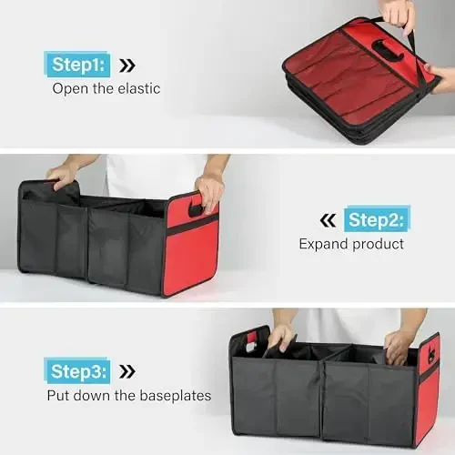 Simple Deluxe Car Trunk Organizer, 2 Compartments Collapsible Trunk Storage, Anti-slip Design, Made of Waterproof 600D Oxford Polyester, Suitable for SUV, Minivan, Truck, Standard Size, Red - 2