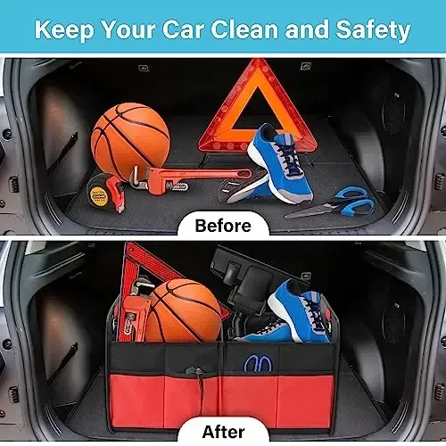 Simple Deluxe Car Trunk Organizer, 2 Compartments Collapsible Trunk Storage, Anti-slip Design, Made of Waterproof 600D Oxford Polyester, Suitable for SUV, Minivan, Truck, Standard Size, Red - 5