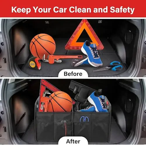 Simple Deluxe Trunk Organizer for Car/SUV, Collapsible 600D Waterproof Oxford Polyester 50L Storage Box, 2 Compartments Multipurpose Travel Accessories, Anti-slip & Leak-proof, Black New - 5