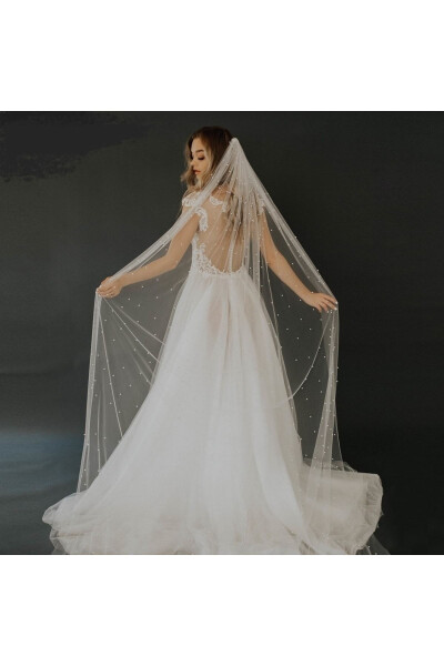 Simple Veil with Pearls, 3 Meters, Ecru Off-White - 4