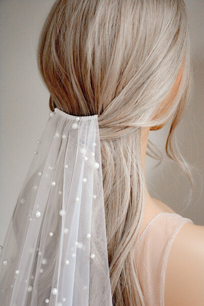Simple Veil with Pearls, 3 Meters, Ecru Off-White - 5