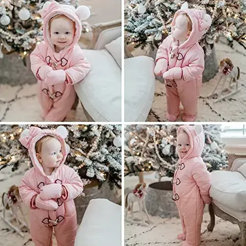 Simplee kids Baby Infant Boys Girls Snowsuit Winter Hooded Footed Warm Jumpsuit 3-24 Oylik uchun qo'lqopli ustki kiyim - 2