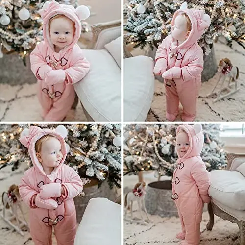 Simplee kids Baby Infant Boys Girls Snowsuit Winter Hooded Footed Warm Jumpsuit Outerwear with Gloves for 3-24 Months - 2