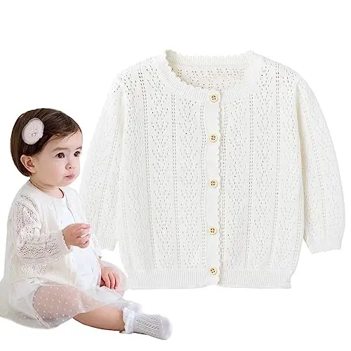 Simplee kids Baby Girl Thin Sweater Solid White Pink Cardigans for Toddler 0-3Years - 1