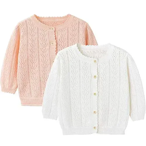 Simplee kids Baby Girl Thin Sweater Solid White Pink Cardigans for Toddler 0-3Years 