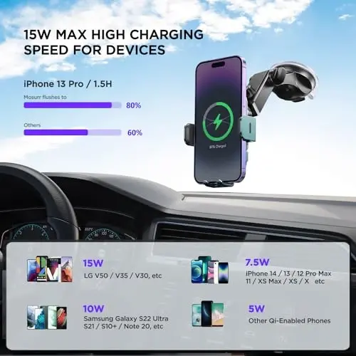 Simsiz avtomobil zaryadlovchisi, 【7 rangli LED yoritgichli】 15W avtomatik qisqichli telefon ushlagichi iPhone 15 14 13 12 Mini Pro Max 11 XR XS X, Samsung Galaxy S23 Ultra S22 S21+ S10+ Note 20 va boshqalar uchun mos - Yashil - 3