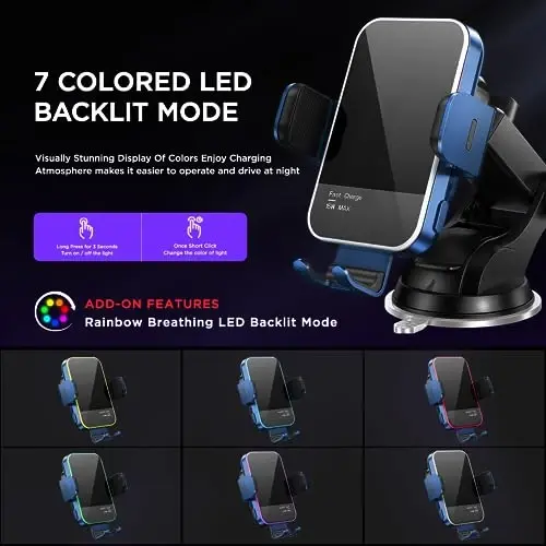 Simsiz avtomobil zaryadlovchisi, 【7 rangli LED yoritgichli】15W avtomatik qisqichli avtomobil zaryadlovchi telefon ushlagichi iPhone 14 13 12 Mini Pro Max 11 XR XS X, Samsung Galaxy S23 Ultra S22 S21+ S10+ Note 20 va boshqalar uchun mos - Moviy - MOSURR (1)